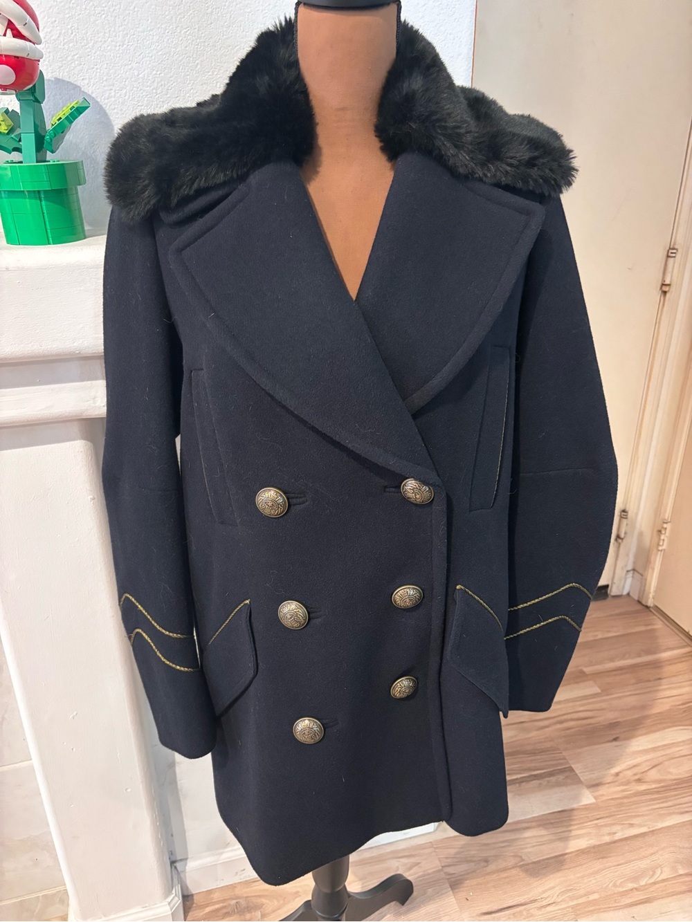 Free People Sedgwick Pea Coat Military Inspired Faux Fur Detachable Collar SZ XS